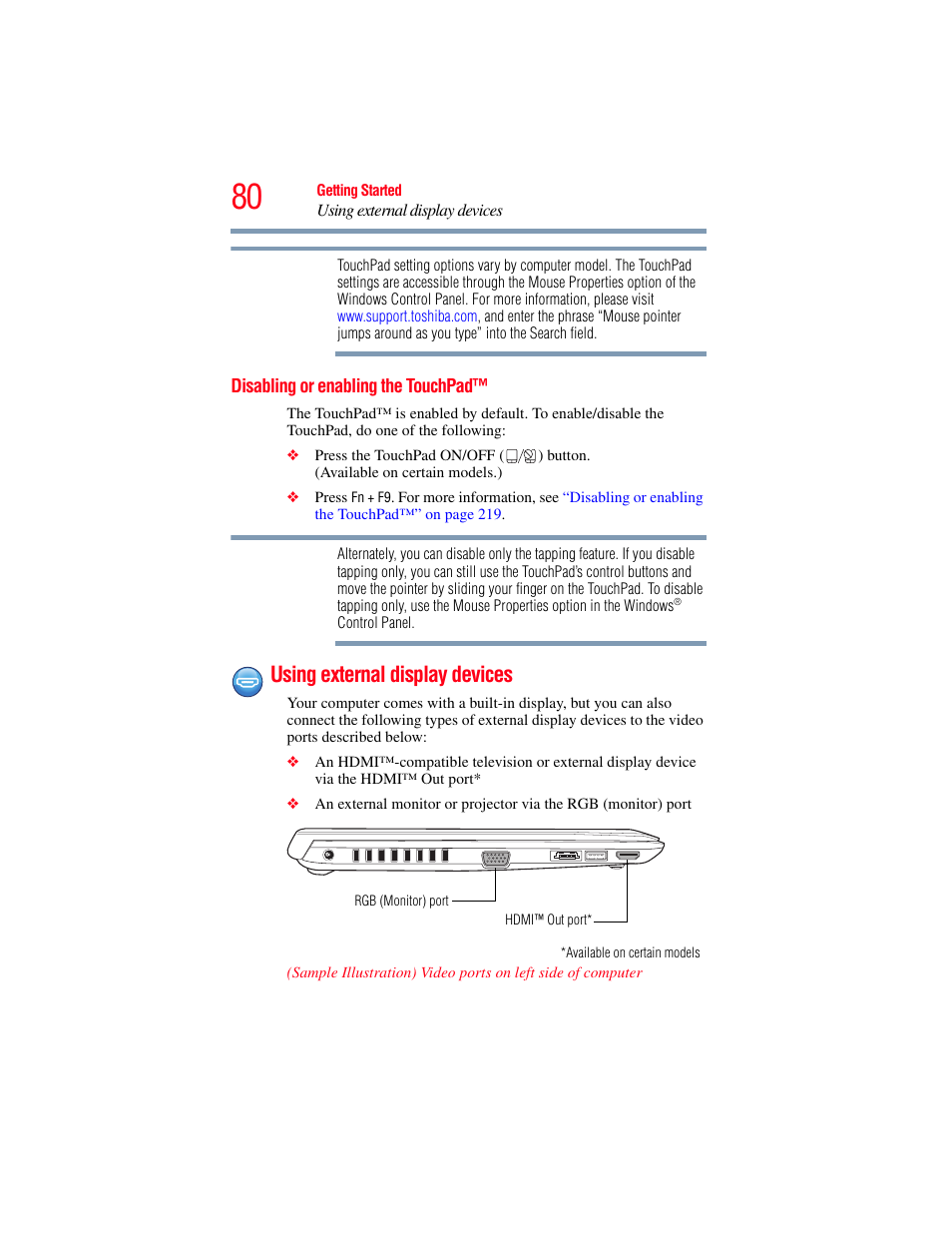 Disabling or enabling the touchpad, Using external display devices, Using external display | Toshiba PORTEGE R700 series User Manual | Page 80 / 246