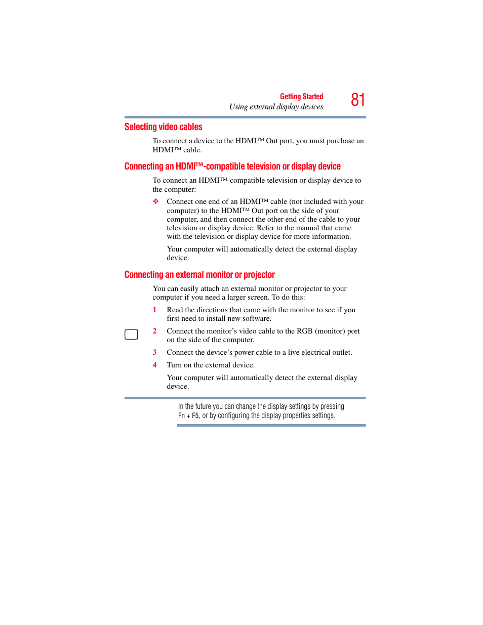 Selecting video cables, Connecting an external monitor or projector, Television or display device | Toshiba PORTEGE R700 series User Manual | Page 81 / 246