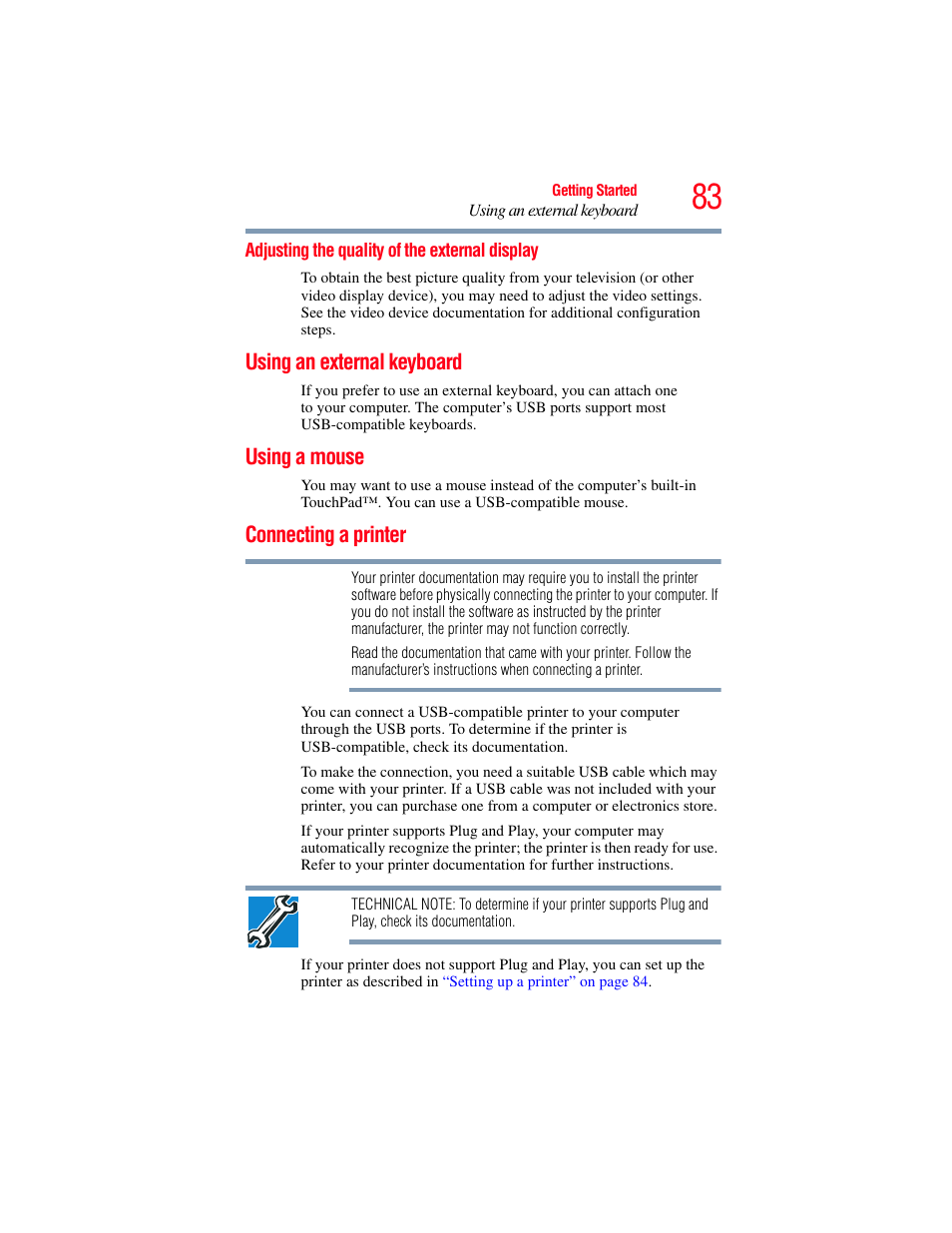 Adjusting the quality of the external display, Using an external keyboard, Using a mouse | Connecting a printer, Using a mouse connecting a printer, Yboard (see, Using an external | Toshiba PORTEGE R700 series User Manual | Page 83 / 246