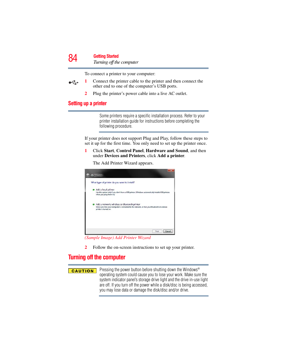 Setting up a printer, Turning off the computer | Toshiba PORTEGE R700 series User Manual | Page 84 / 246