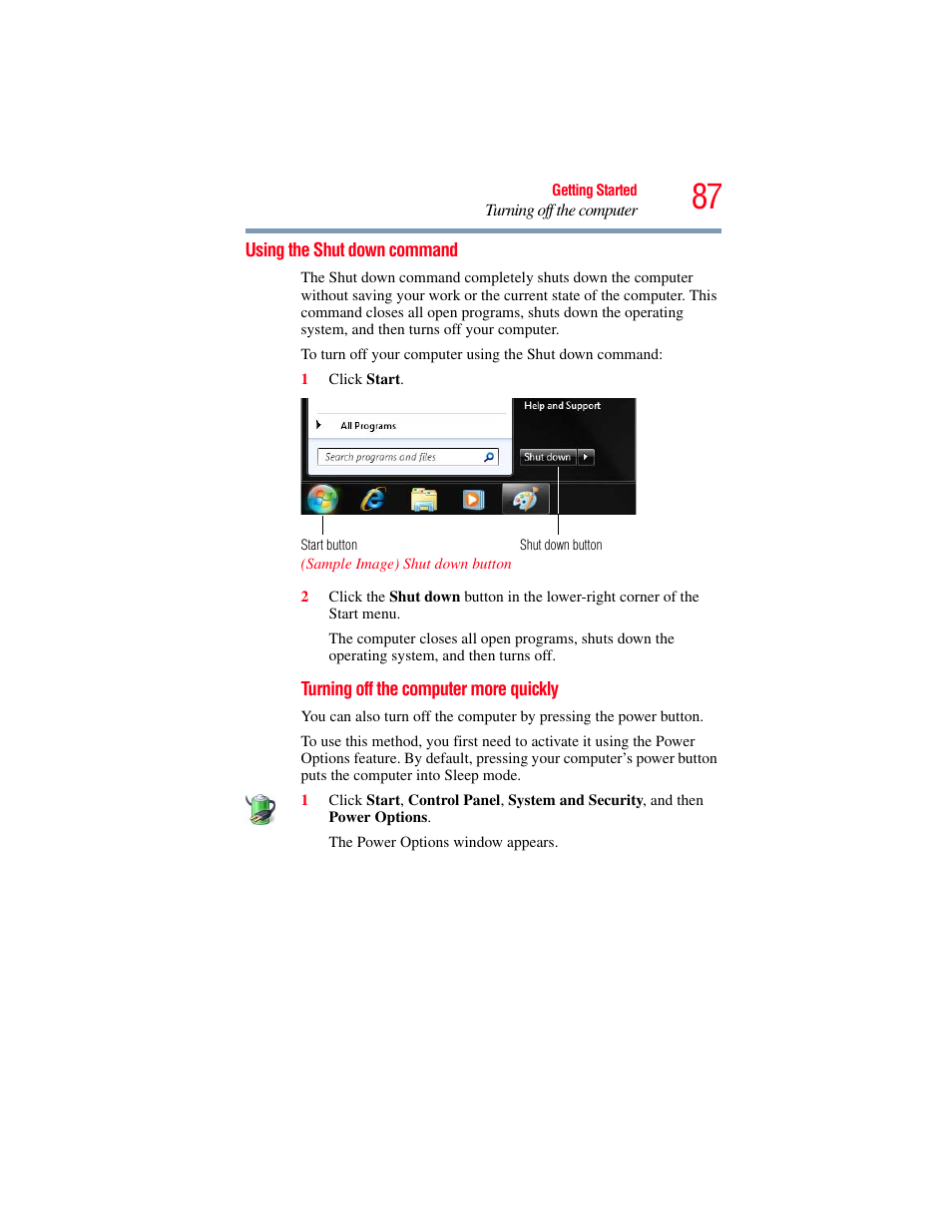 Using the shut down command | Toshiba PORTEGE R700 series User Manual | Page 87 / 246