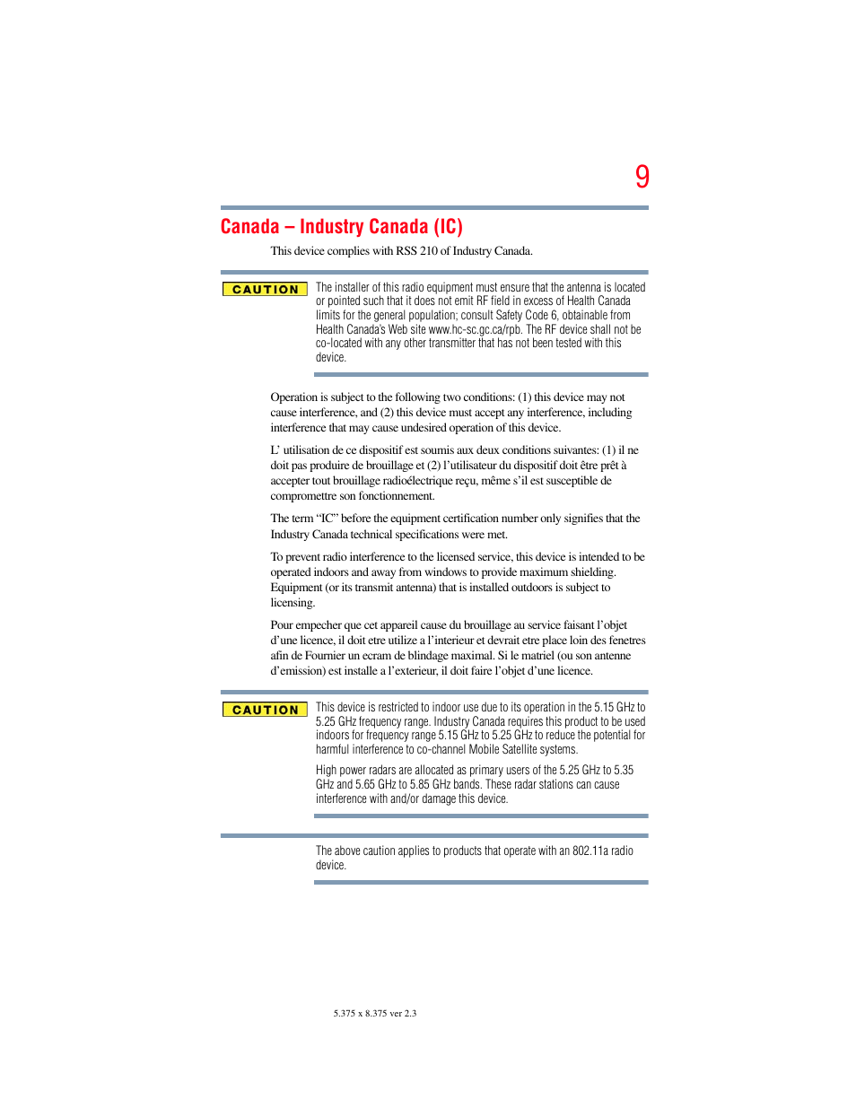 Canada – industry canada (ic) | Toshiba PORTEGE R700 series User Manual | Page 9 / 246