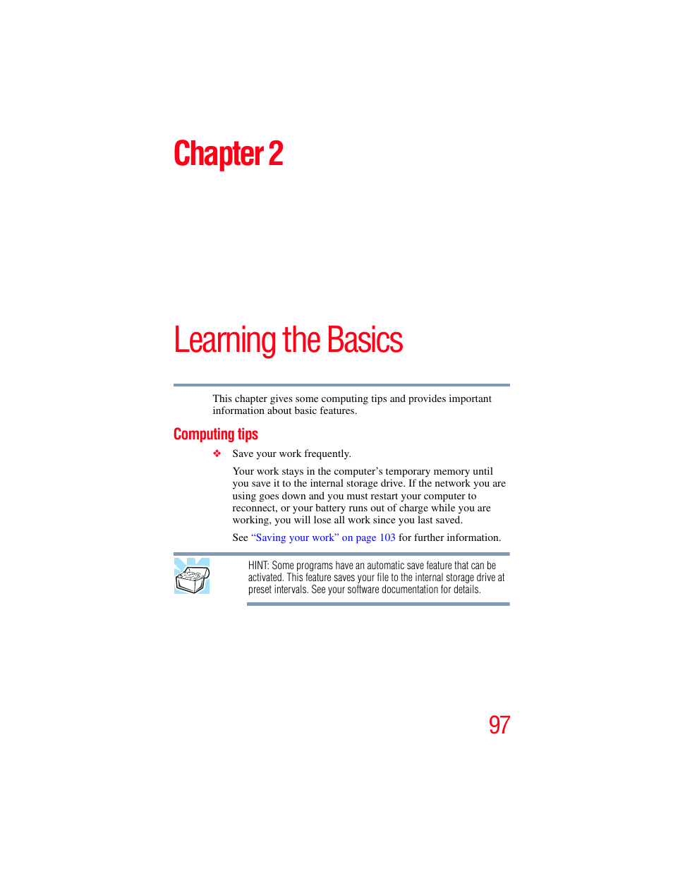 Chapter 2: learning the basics, Computing tips, Learning the basics | Chapter 2 | Toshiba PORTEGE R700 series User Manual | Page 97 / 246