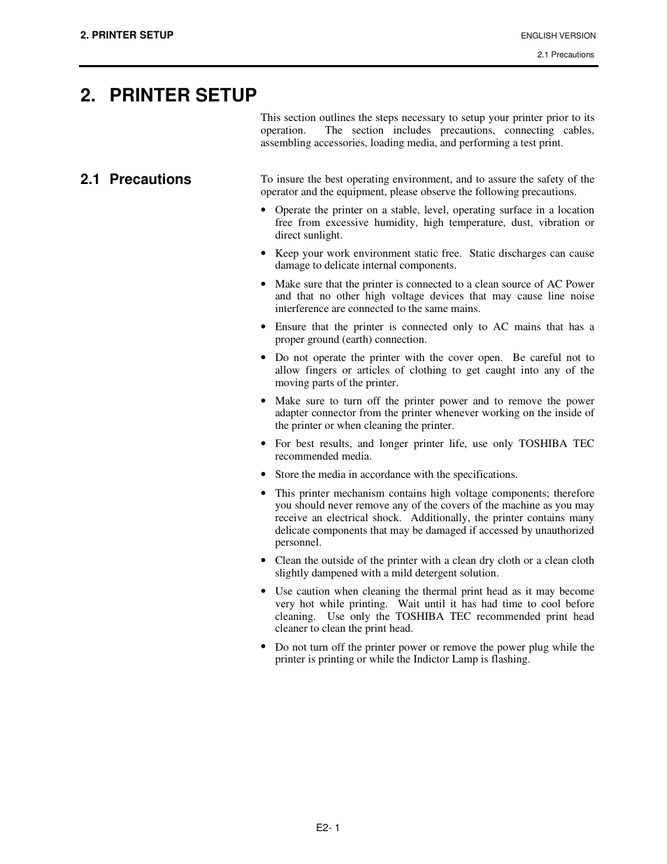 Printer setup, 1 precautions | Toshiba B-SV4T-GS10-QM User Manual | Page 10 / 30