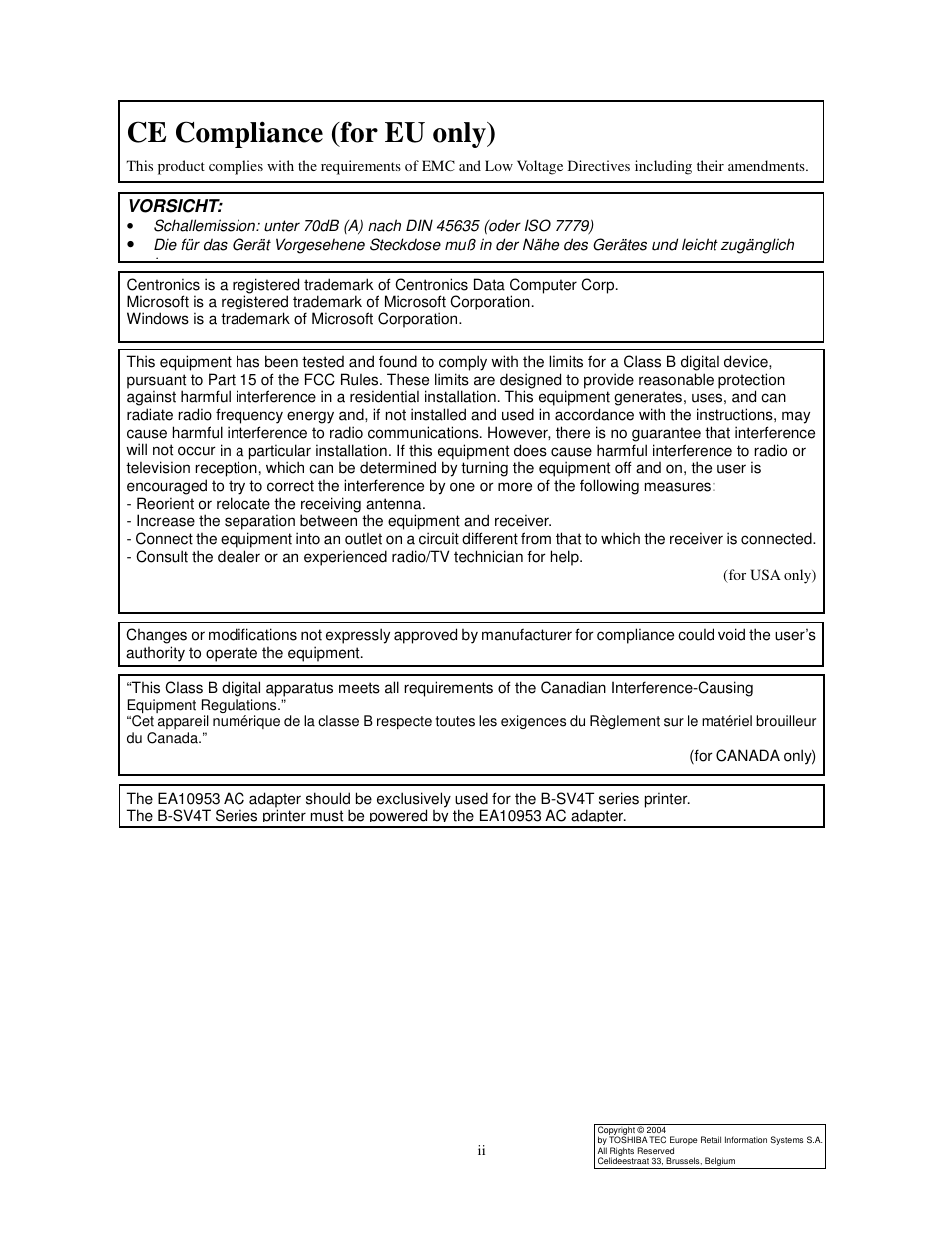 Ce compliance (for eu only) | Toshiba B-SV4T-GS10-QM User Manual | Page 2 / 30