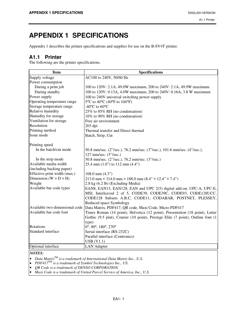 Appendix 1 specifications, A1.1 printer | Toshiba B-SV4T-GS10-QM User Manual | Page 25 / 30