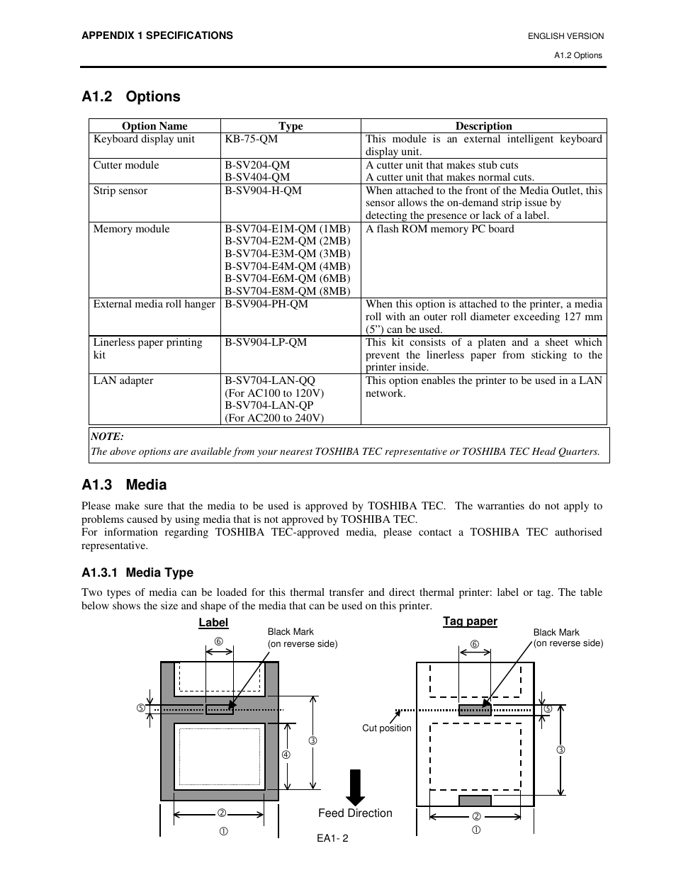 A1.2 options, A1.3 media | Toshiba B-SV4T-GS10-QM User Manual | Page 26 / 30