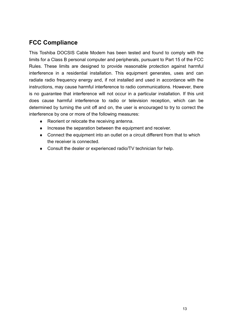 Fcc compliance | Toshiba PCX1100 User Manual | Page 15 / 18