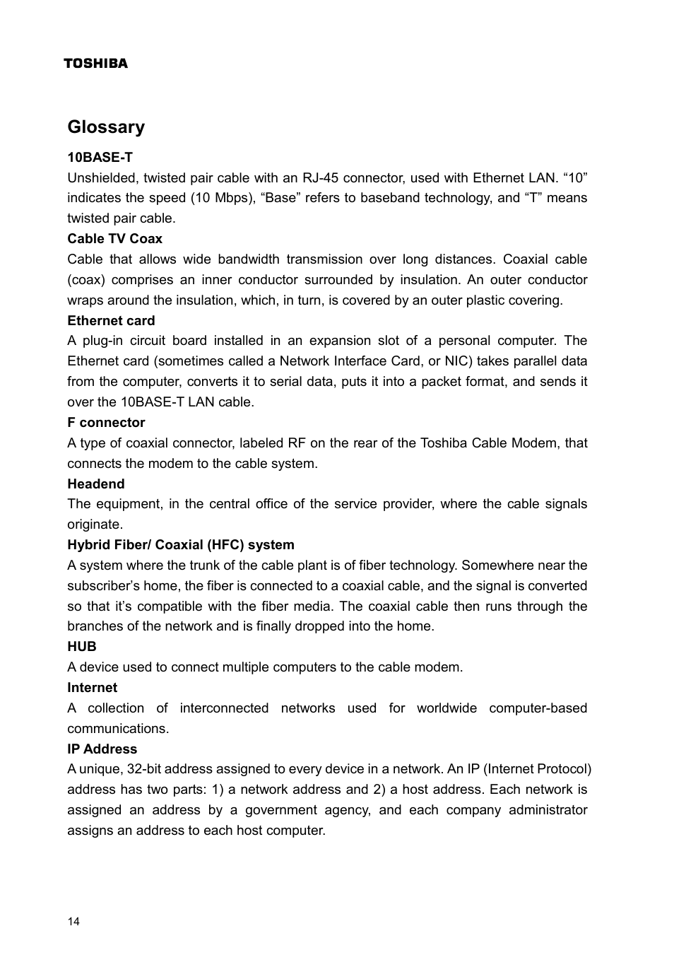 Glossary | Toshiba PCX1100 User Manual | Page 16 / 18