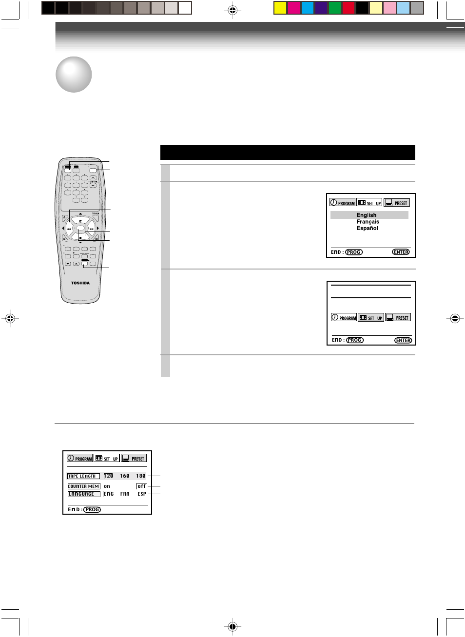 Initial settings using on-screen display, Setting the language, 14 optional settings on the set up screen | Press power to turn on the vcr, Press prog, Press prog. to return to the normal tv screen, The following screen appears on the tv, The screen turns to the menu screen, Press | Toshiba W-415 User Manual | Page 14 / 32