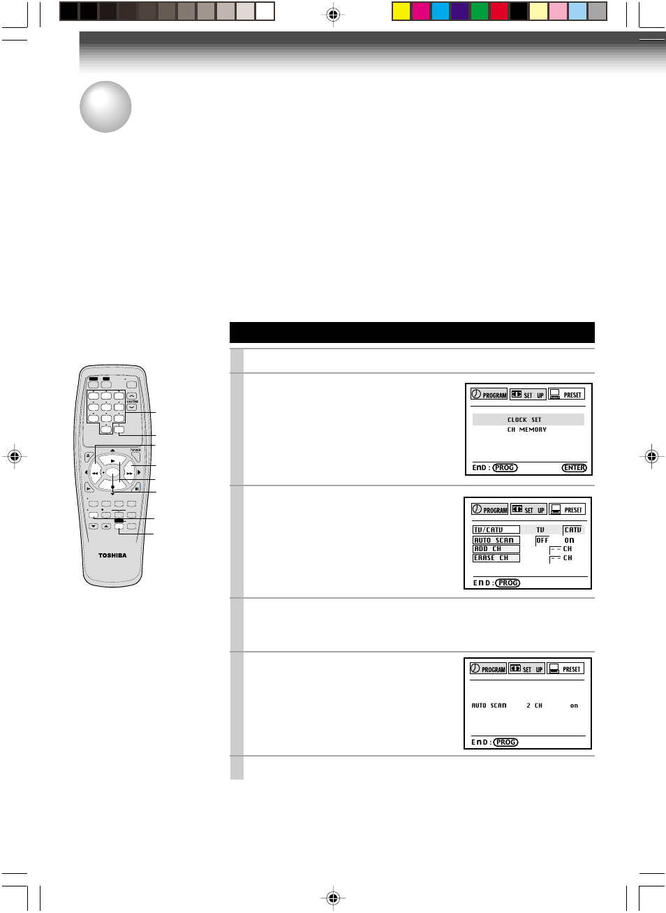 Storing channels on the vcr, Incoming antenna/cable(catv) signals, Press prog . to display the menu screen | Select “preset” using ff or rew , and press enter, Set “tv/catv“ to “tv” or “catv” using ff or rew, Press prog. twice to exit | Toshiba W-415 User Manual | Page 16 / 32