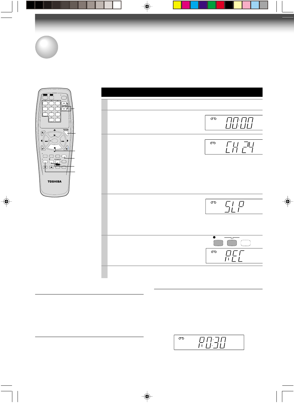Recording a tv program, Basic recording, 24 watching a tv program while recording another | Skipping unnecessary scenes while recording, Load a cassette with the safety tab attached, Press sp/slp to select the recording tape speed | Toshiba W-415 User Manual | Page 24 / 32