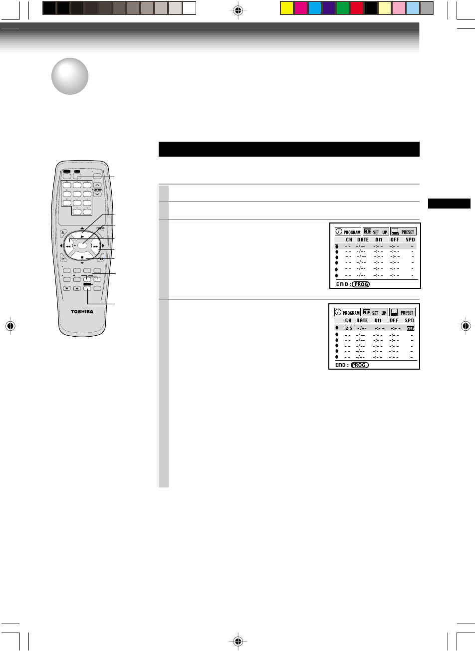 Timer program recording, Timer programming procedure, Load a cassette with the safety tab attached | Press prog . to display the menu screen, Select “program” using ff or rew , and press enter | Toshiba W-415 User Manual | Page 25 / 32