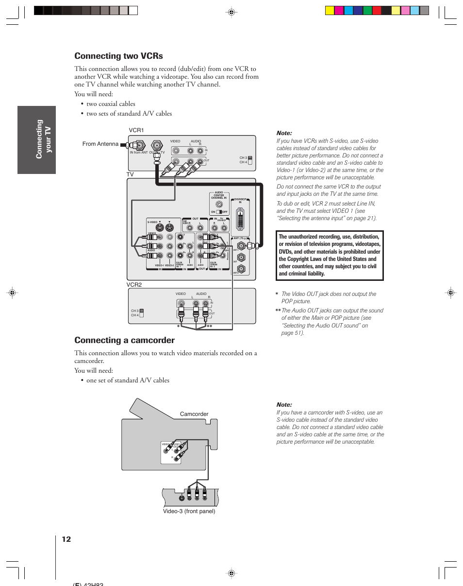 Two vcrs / camcorder, Connecting two vcrs, Connecting a camcorder | E ) 42h83, The video out jack does not output the pop picture | Toshiba 42H83 User Manual | Page 12 / 59