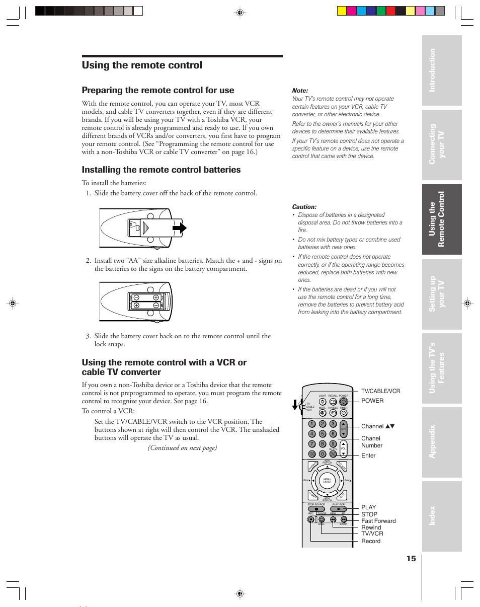 Using the remote control, Preparing the remote control for use, Installing the remote control batteries | Toshiba 42H83 User Manual | Page 15 / 59