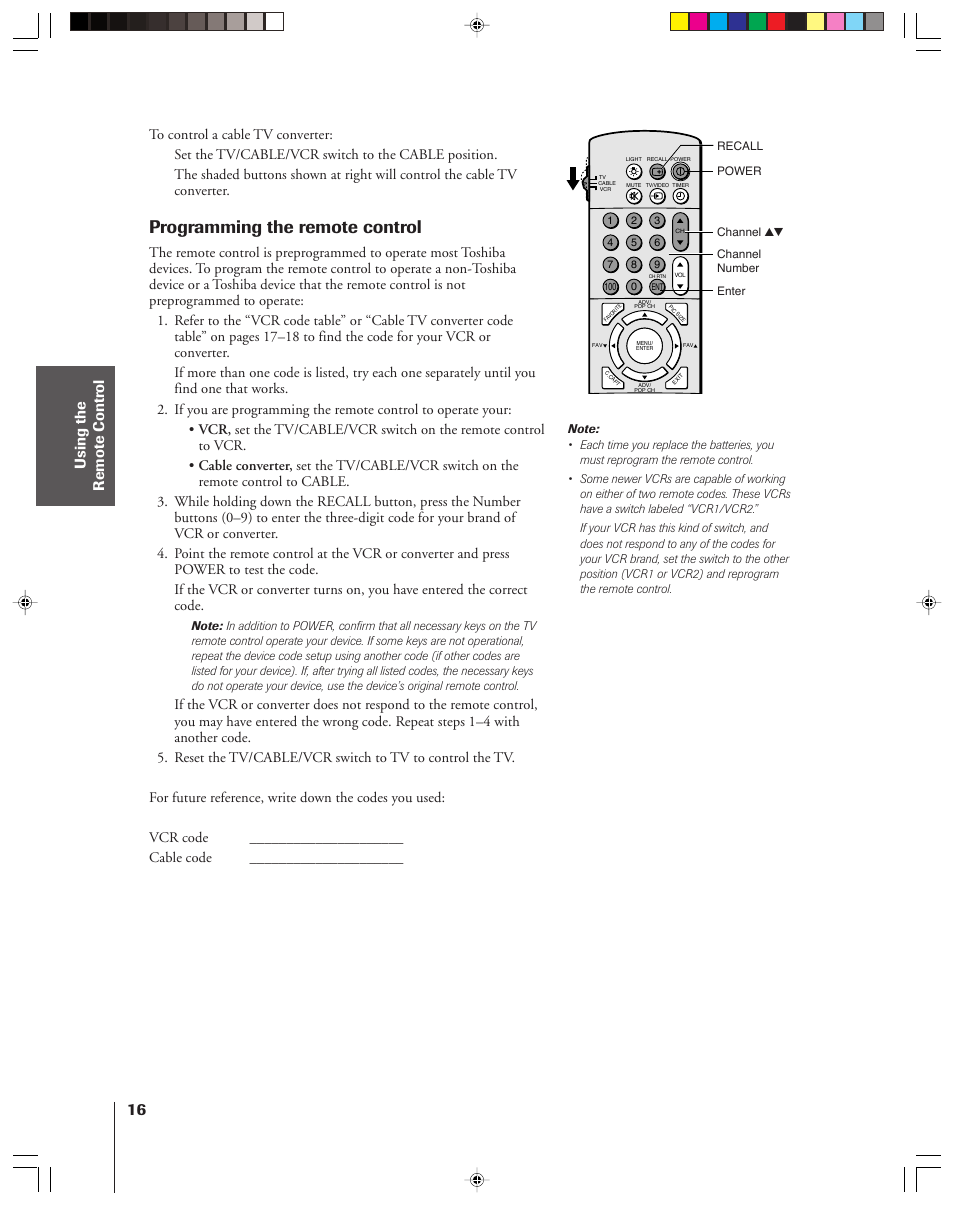 Programming, Programming the remote control | Toshiba 42H83 User Manual | Page 16 / 59