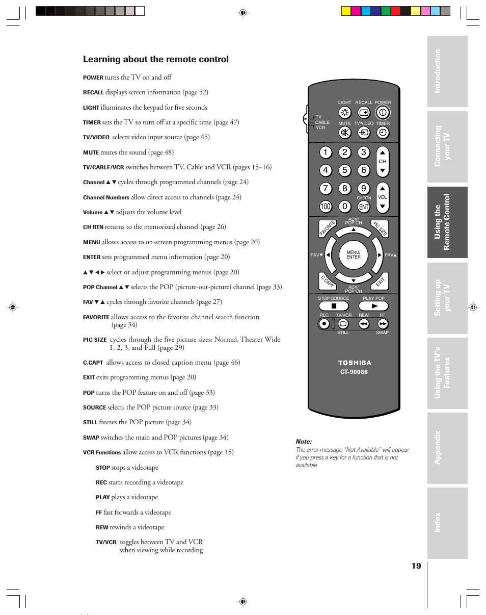 Learning about the remote control | Toshiba 42H83 User Manual | Page 19 / 59