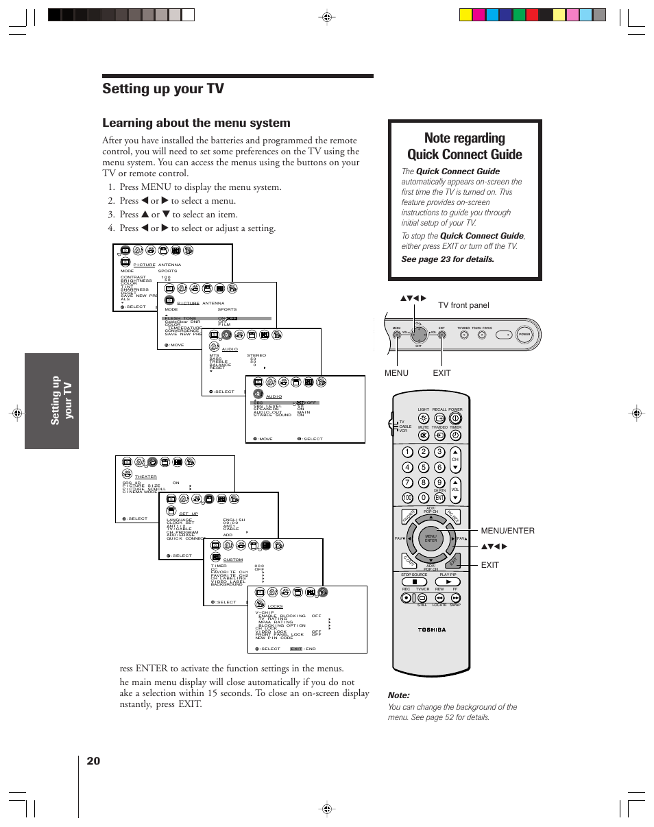 Setting up your tv, Learning about the menu system | Toshiba 42H83 User Manual | Page 20 / 59