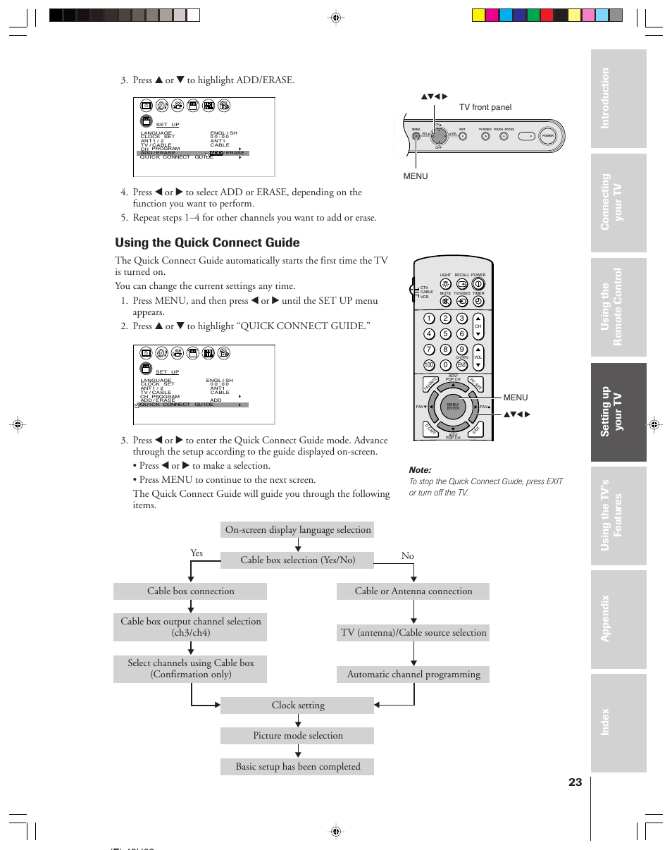 Quick connect guide, Using the quick connect guide, Press y or z to highlight add/erase | Yes no, E ) 42h83, Menu yzx • menu yzx, Tv front panel | Toshiba 42H83 User Manual | Page 23 / 59