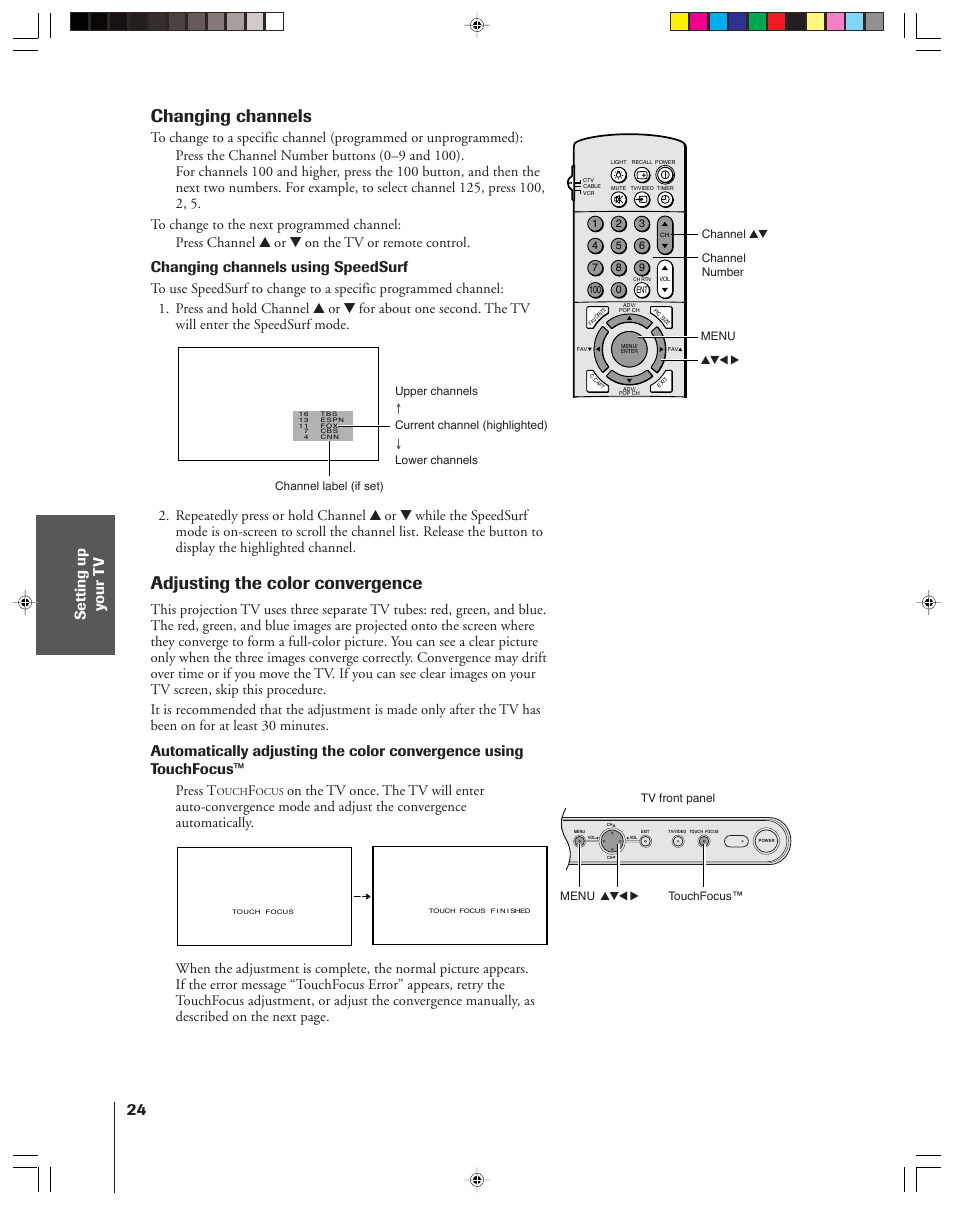 Changing channels, Adjusting the color convergence, Changing channels using speedsurf | Press t | Toshiba 42H83 User Manual | Page 24 / 59