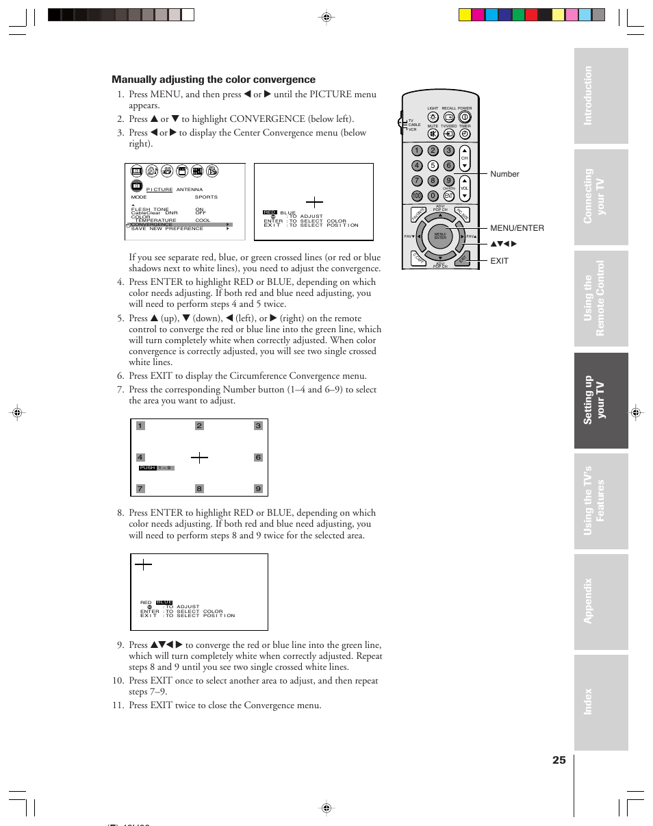 Manually adjusting the color convergence, E ) 42h83, Exit yzx • number menu/enter | Toshiba 42H83 User Manual | Page 25 / 59