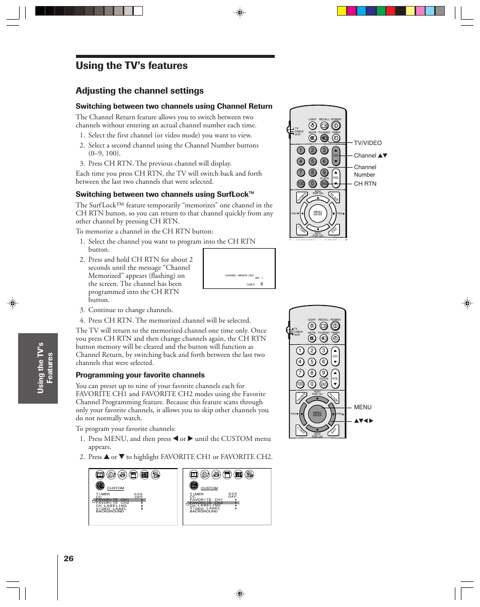 Using the tv's features, Adjusting the channel settings, Using the tv’s features | Switching between two channels using surflock, Programming your favorite channels, Tv/video channel yz channel number ch rtn menu yzx | Toshiba 42H83 User Manual | Page 26 / 59