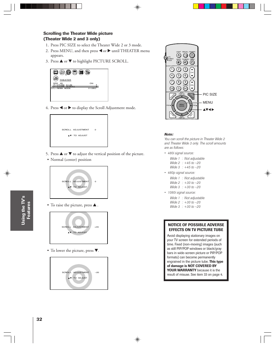 Press x or • to display the scroll adjustment mode, Yzx • pic size menu | Toshiba 42H83 User Manual | Page 32 / 59