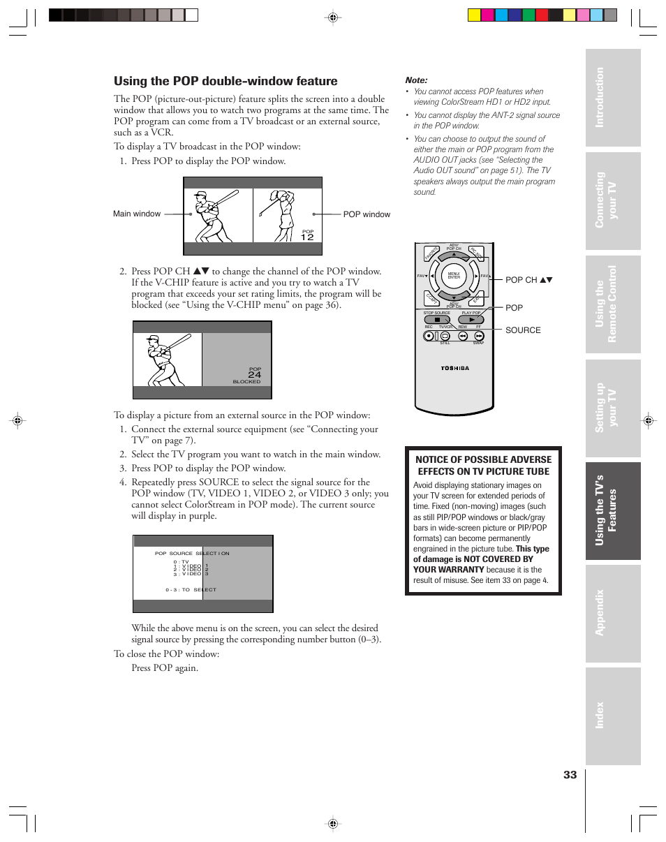 Pop double-window, Using the pop double-window feature | Toshiba 42H83 User Manual | Page 33 / 59