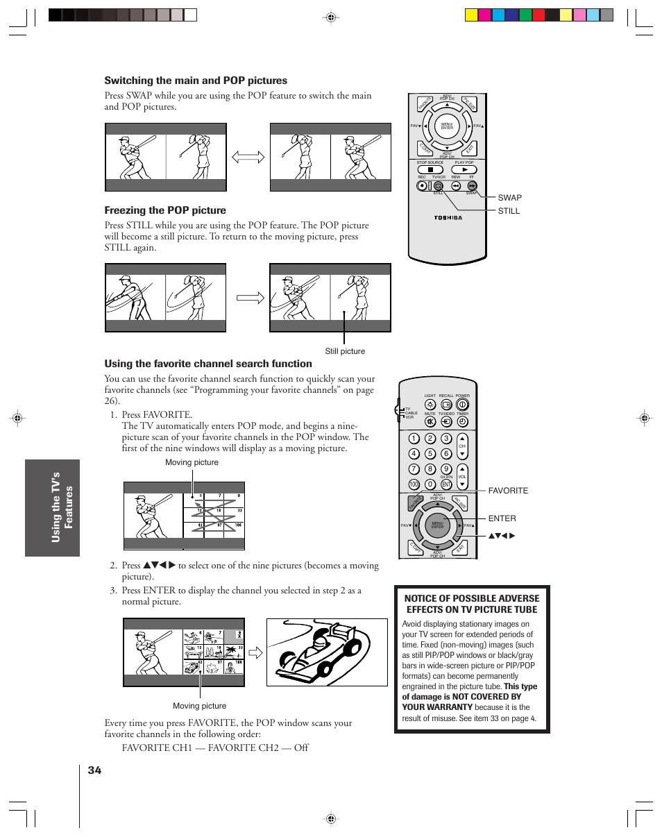 Switching the main and pop pictures, Freezing the pop picture, Using the favorite channel search function | Toshiba 42H83 User Manual | Page 34 / 59