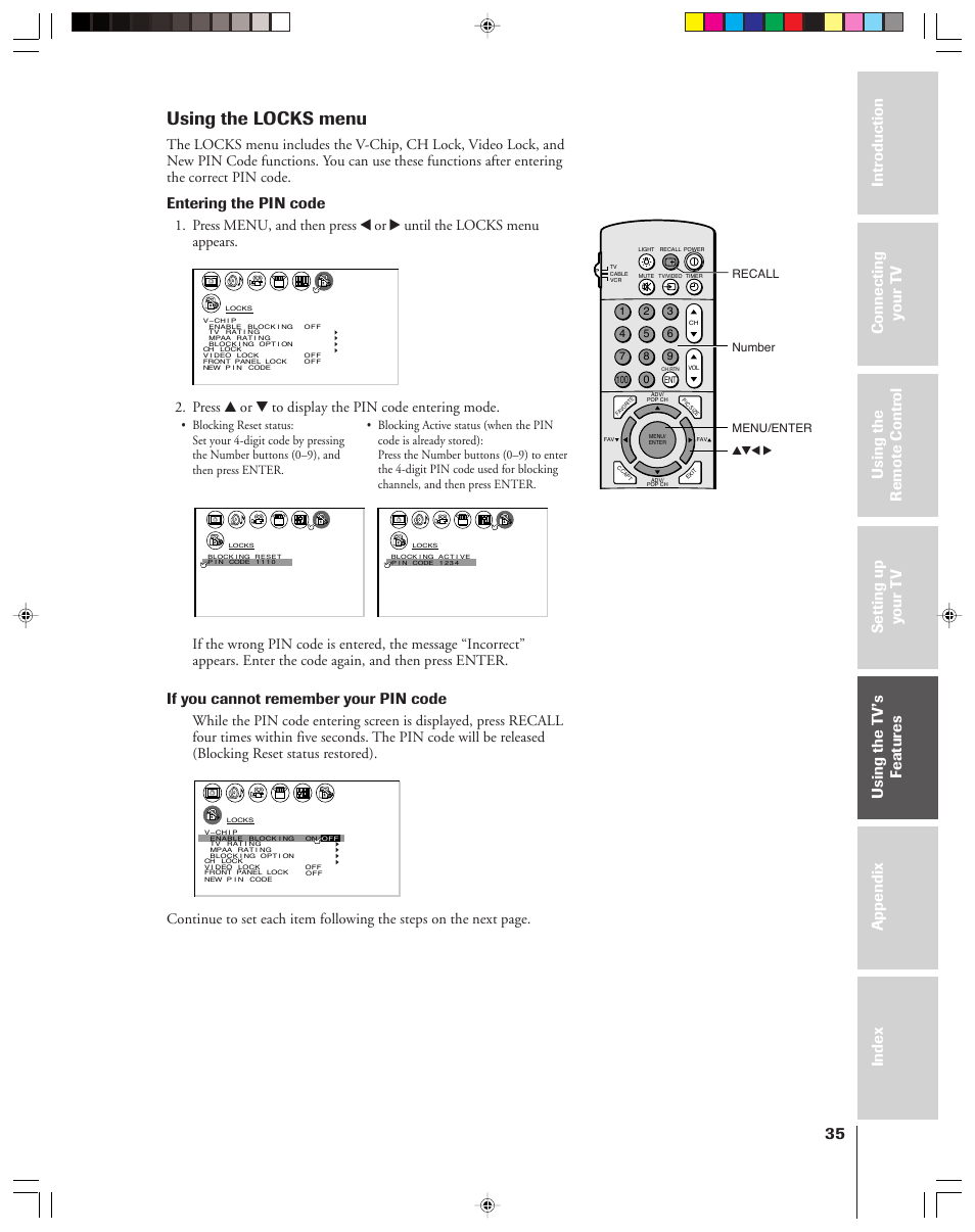 Locks menu, Using the locks menu, Entering the pin code | If you cannot remember your pin code, Press y or z to display the pin code entering mode, Yzx • recall number menu/enter | Toshiba 42H83 User Manual | Page 35 / 59