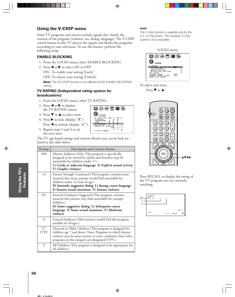 V-chip menu, Using the v-chip menu, Enable blocking | Locks menu, E ) 42h83 | Toshiba 42H83 User Manual | Page 36 / 59