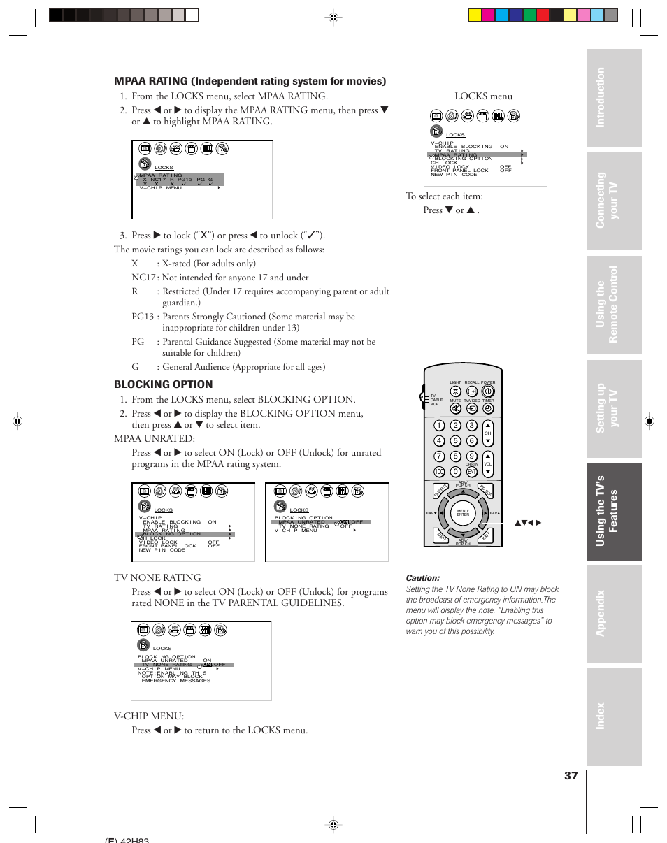 Mpaa rating (independent rating system for movies), Blocking option, Press • to lock (“x”) or press x to unlock (“✓”) | E ) 42h83 | Toshiba 42H83 User Manual | Page 37 / 59