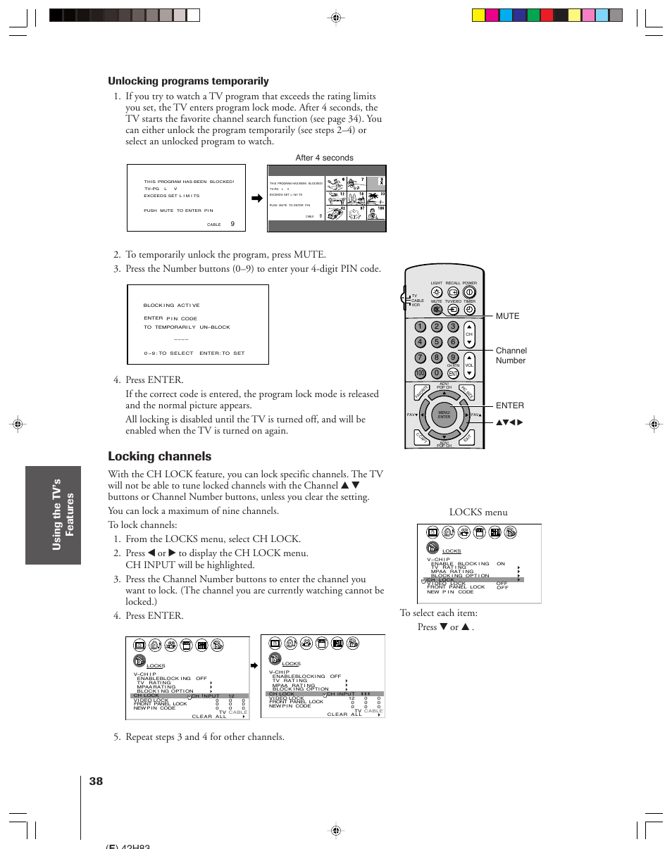 Locking channels, Unlocking programs temporarily, Locks menu | Repeat steps 3 and 4 for other channels, E ) 42h83, Enter yzx • mute after 4 seconds channel number | Toshiba 42H83 User Manual | Page 38 / 59