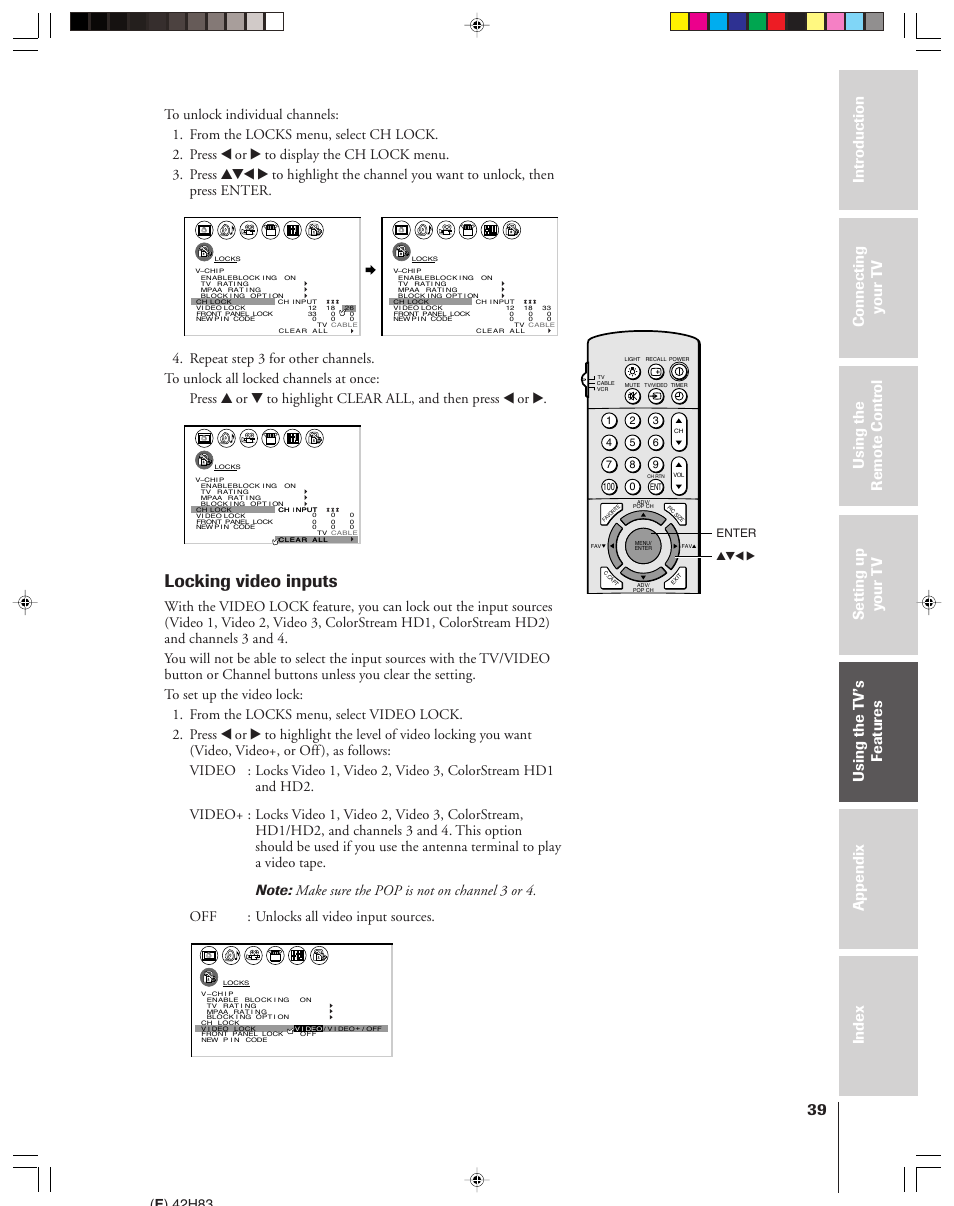 Locking video inputs, E ) 42h83, Enter yzx | Toshiba 42H83 User Manual | Page 39 / 59