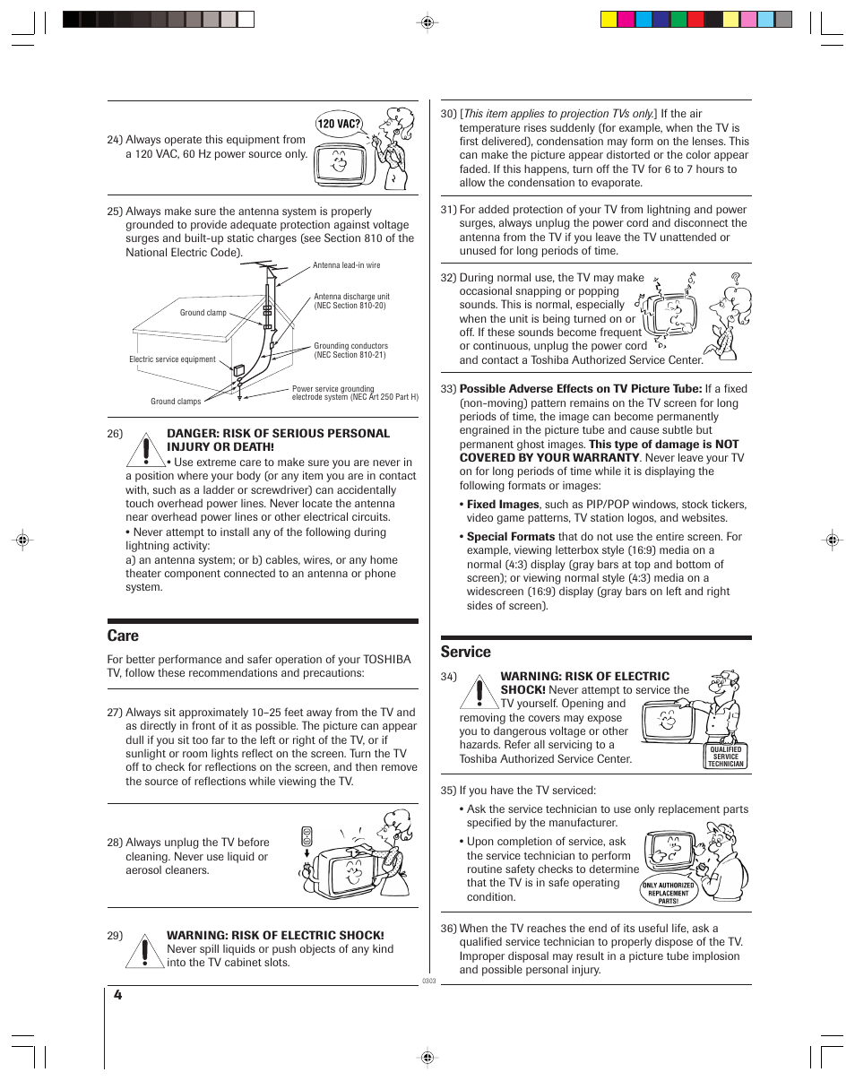 Care, Service | Toshiba 42H83 User Manual | Page 4 / 59