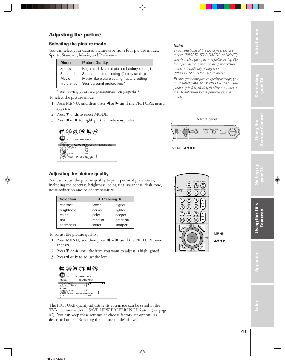 Adjusting the picture, Selecting the picture mode, Adjusting the picture quality | E ) 42h83, Menu yzx, Menu yzx • tv front panel | Toshiba 42H83 User Manual | Page 41 / 59