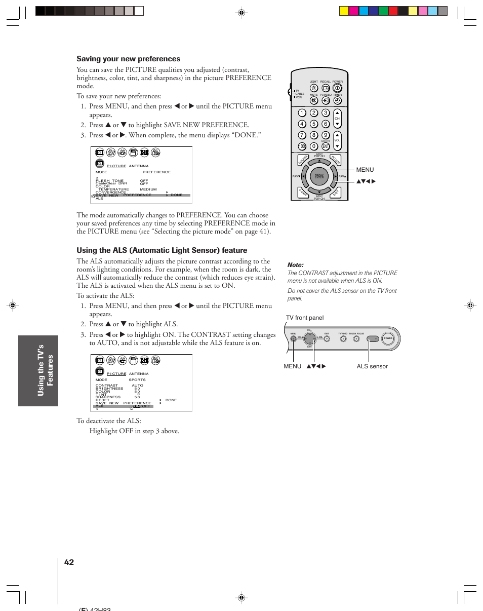 Saving your new preferences, Using the als (automatic light sensor) feature, E ) 42h83 | Menu yzx, Menu yzx • als sensor tv front panel | Toshiba 42H83 User Manual | Page 42 / 59