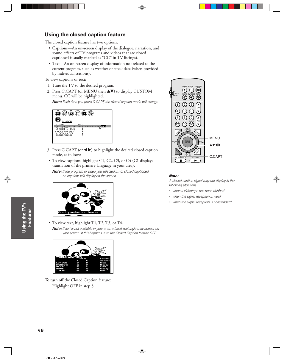 Closed caption, Using the closed caption feature, E ) 42h83 | Menu yzx • c.capt | Toshiba 42H83 User Manual | Page 46 / 59