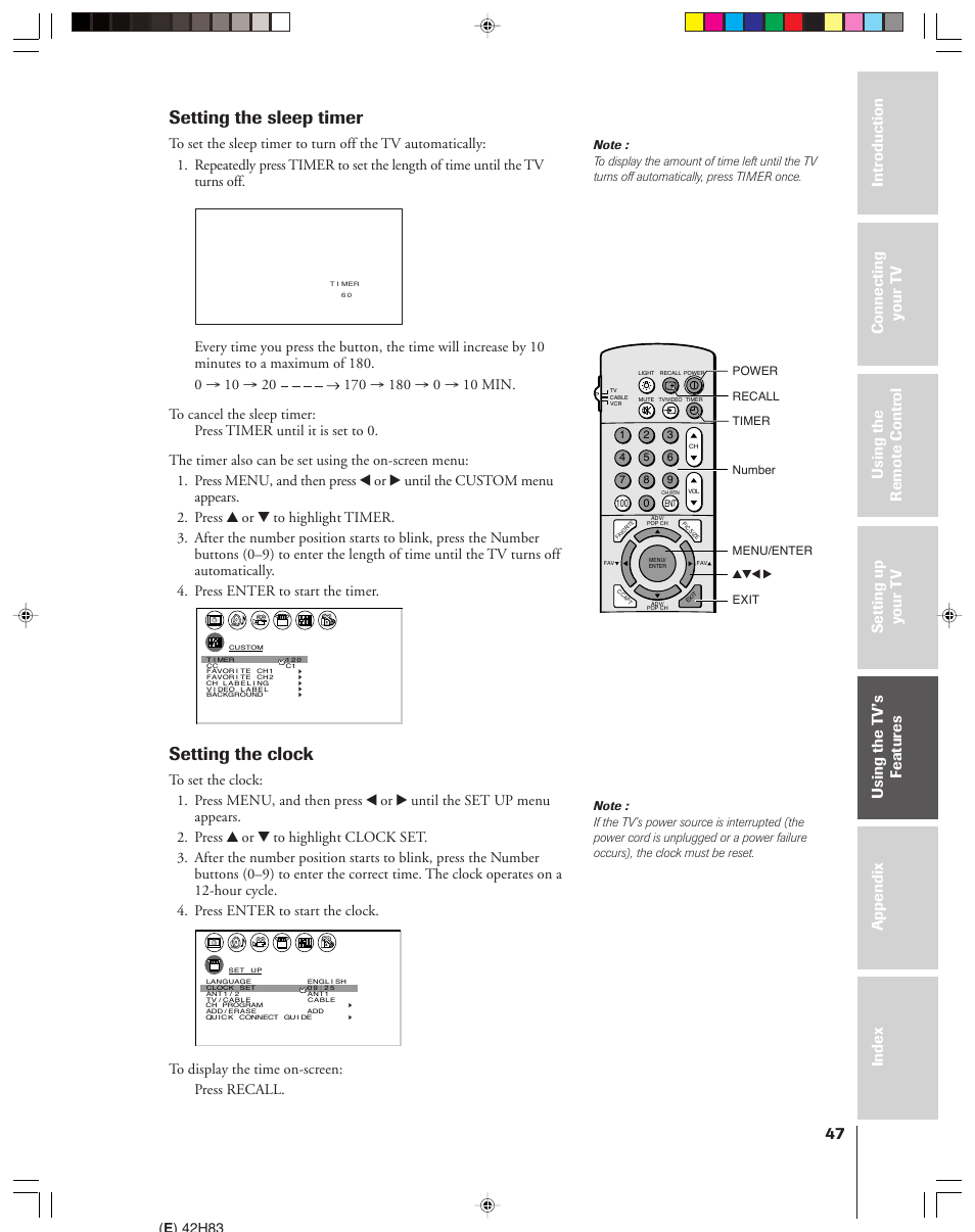 Setting sleep timer / clock, Setting the sleep timer, Setting the clock | E ) 42h83, Timer power yzx • recall menu/enter number exit | Toshiba 42H83 User Manual | Page 47 / 59