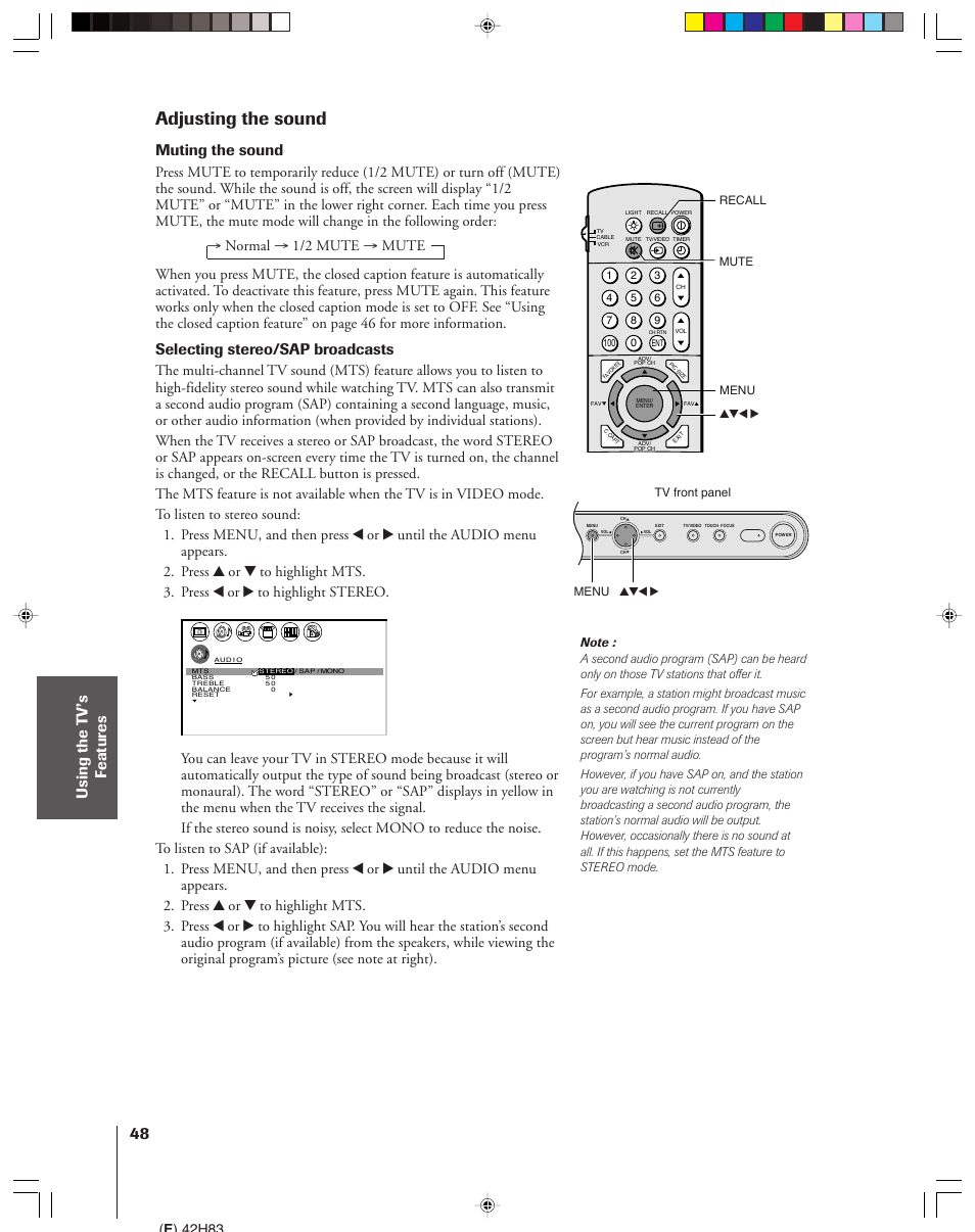 Adjusting the sound, Muting the sound, Selecting stereo/sap broadcasts | E ) 42h83 | Toshiba 42H83 User Manual | Page 48 / 59