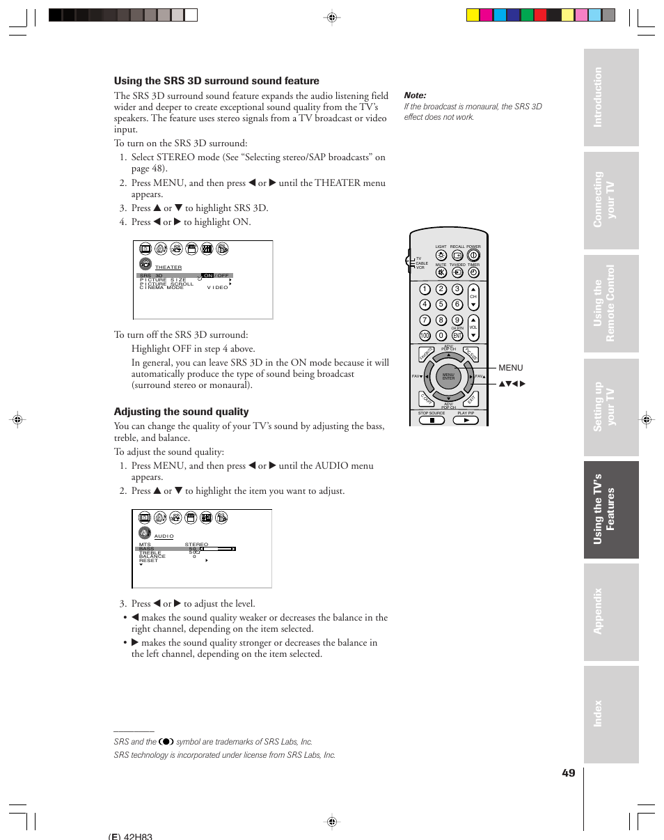 Using the srs 3d surround sound feature, Adjusting the sound quality, E ) 42h83 | Yzx • menu | Toshiba 42H83 User Manual | Page 49 / 59