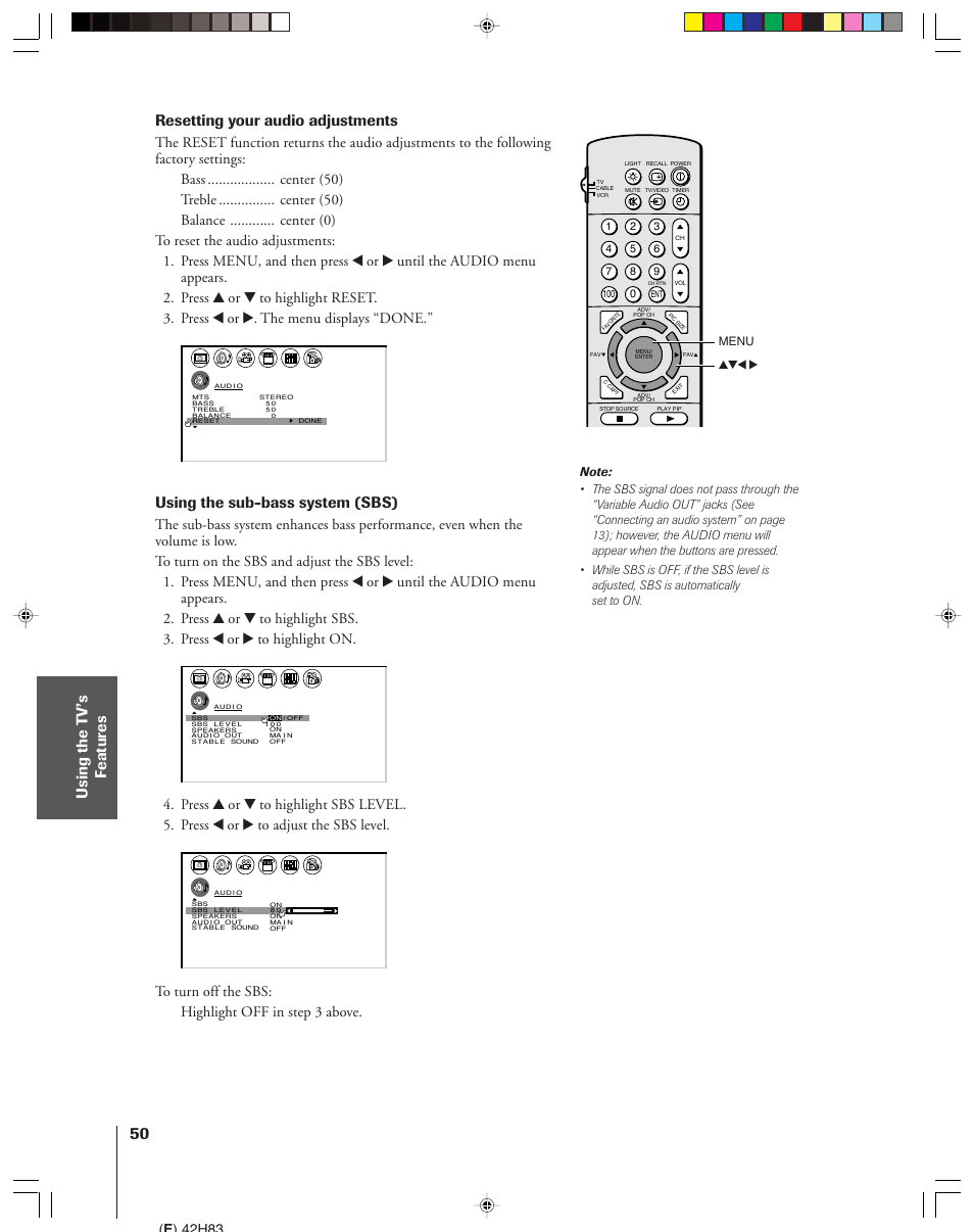 Resetting your audio adjustments, Using the sub-bass system (sbs), E ) 42h83 | Yzx • menu | Toshiba 42H83 User Manual | Page 50 / 59