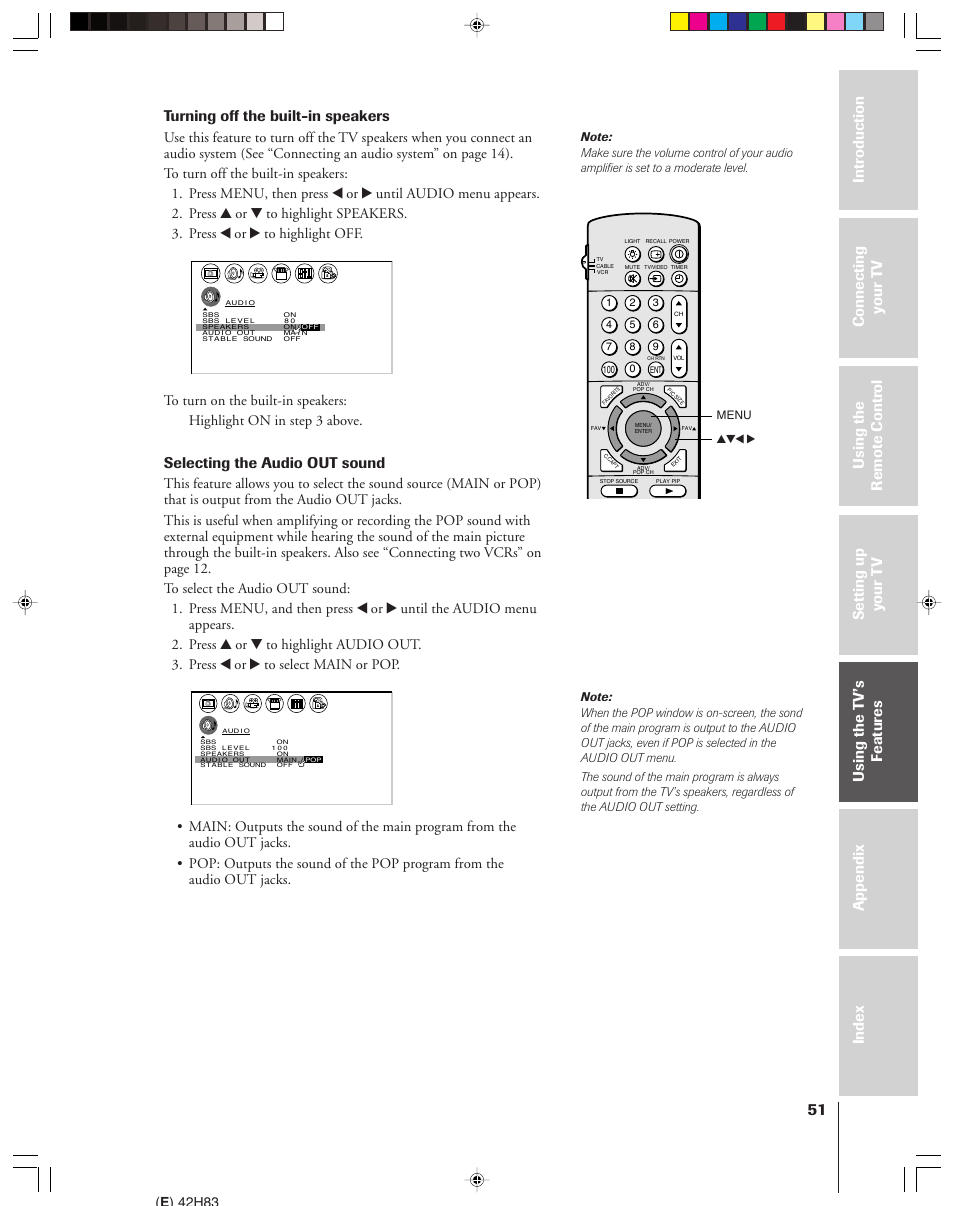 Turning off the built-in speakers, Selecting the audio out sound, E ) 42h83 | Yzx • menu | Toshiba 42H83 User Manual | Page 51 / 59