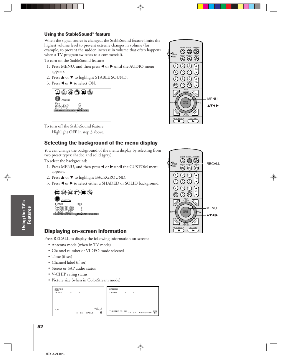 Selecting background of the menu display, Displaying on-screen information, Selecting the background of the menu display | Using the stablesound, Feature, E ) 42h83, Yzx • menu recall, Yzx • menu | Toshiba 42H83 User Manual | Page 52 / 59