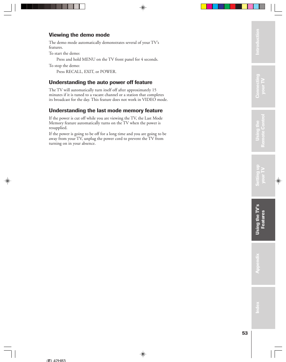 Demo mode / auto power off / last mode memory | Toshiba 42H83 User Manual | Page 53 / 59