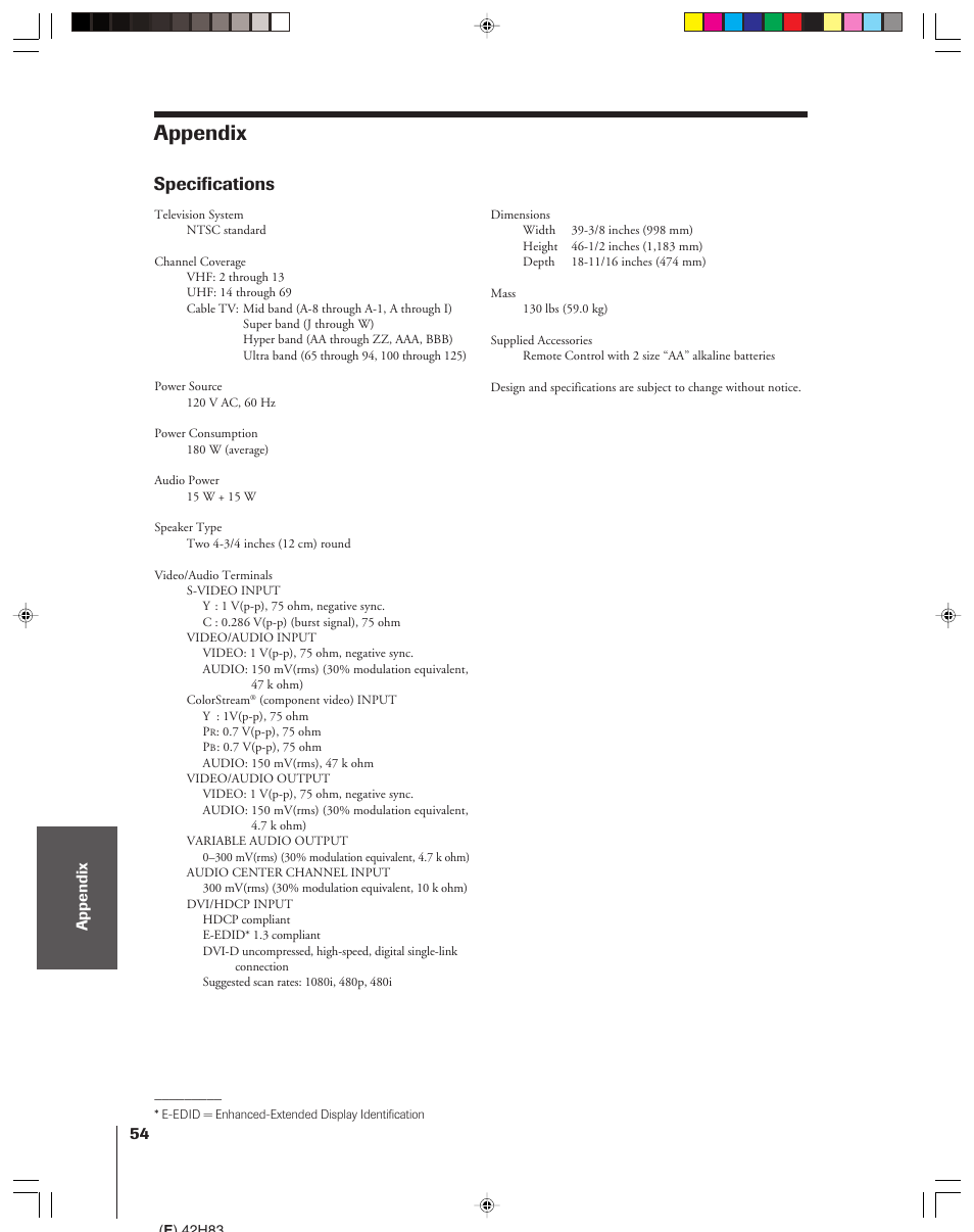 Appendix, Specifications | Toshiba 42H83 User Manual | Page 54 / 59