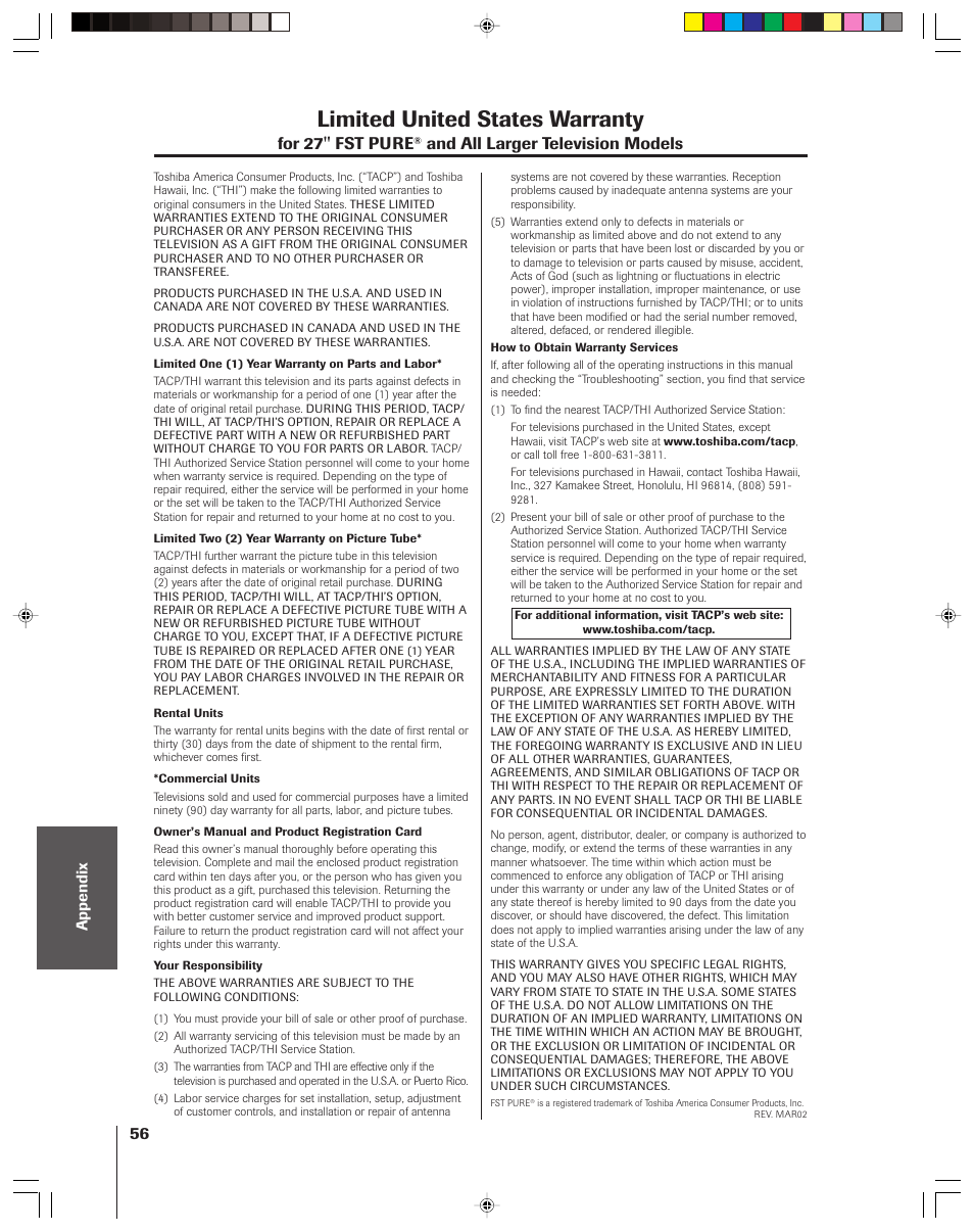 Limited united states warranty, For 27'' fst pure, And all larger television models | Toshiba 42H83 User Manual | Page 56 / 59