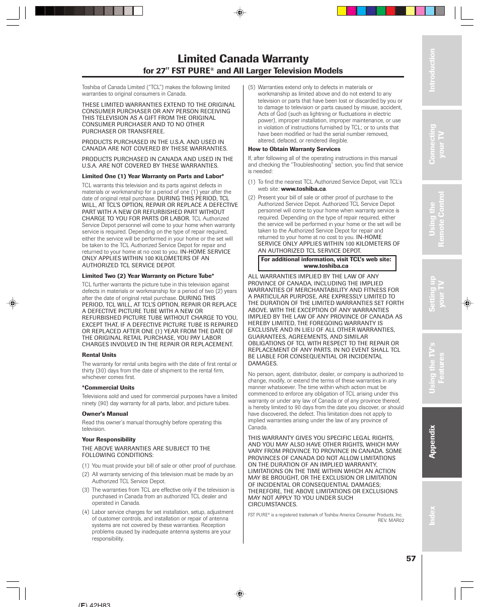 Limited canada warranty, For 27'' fst pure, And all larger television models | Toshiba 42H83 User Manual | Page 57 / 59