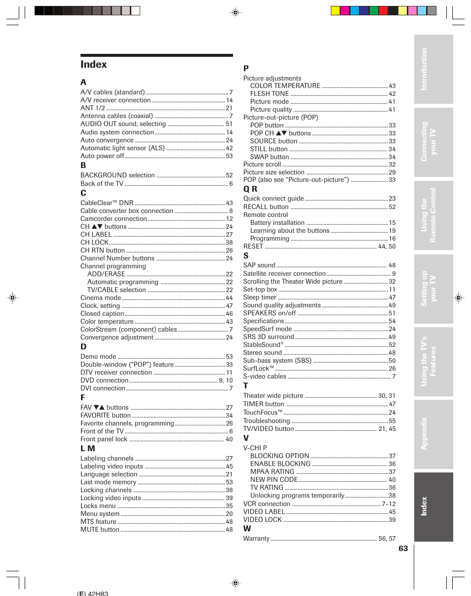 Index | Toshiba 42H83 User Manual | Page 58 / 59