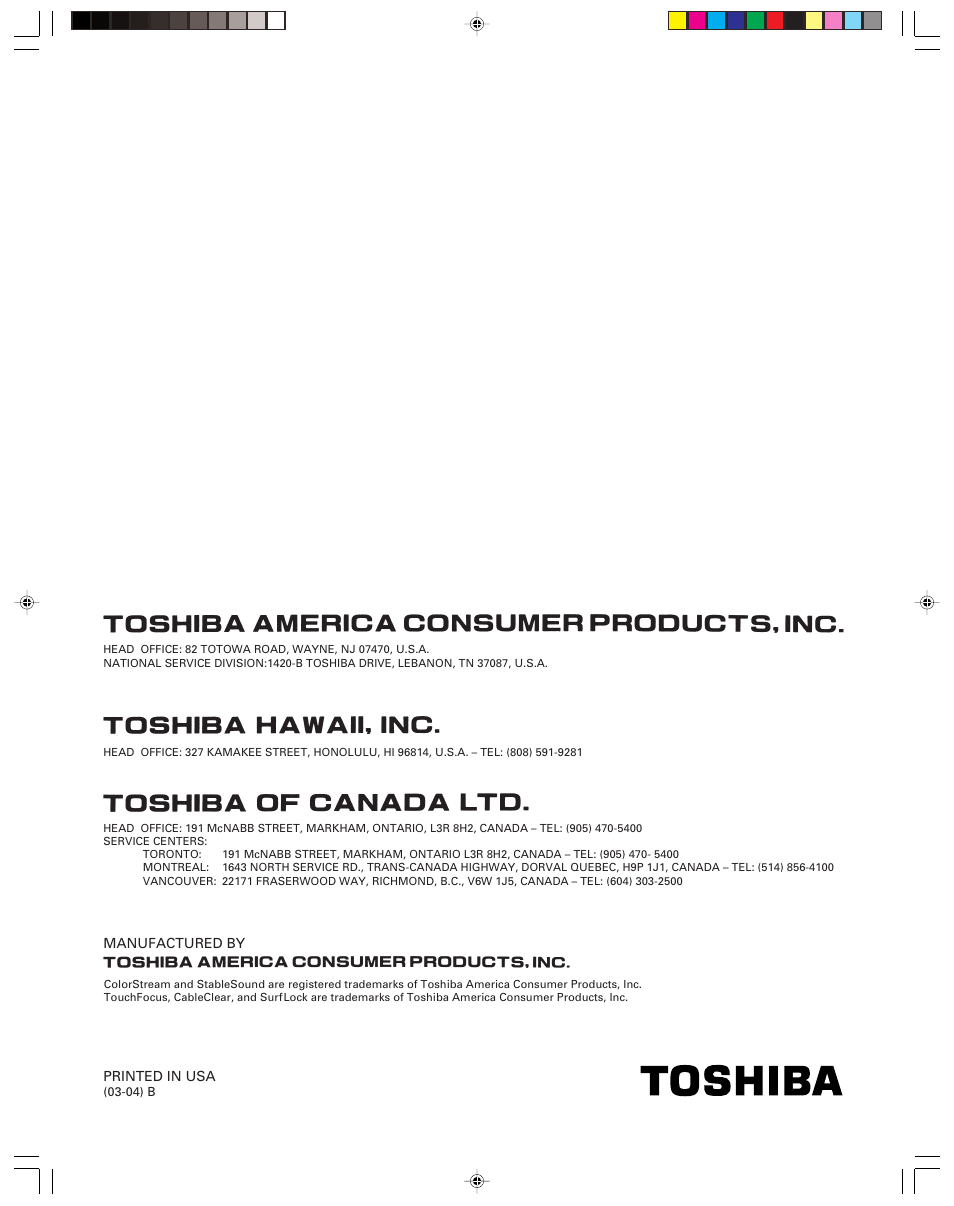 Back cover | Toshiba 42H83 User Manual | Page 59 / 59